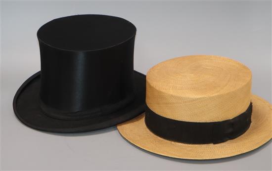 An AlHerisse raffia straw panama hat, with original box, together with a top hat, in brown leather case